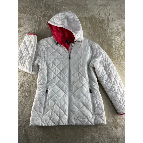Lands' End Jackets & Blazers - Lands End Womens White Quilted PrimaLoft Hooded Puffer Jacket Pink Lining Size M